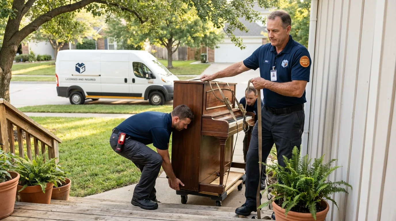 Licensed piano movers securing grand piano in Walden, NY
