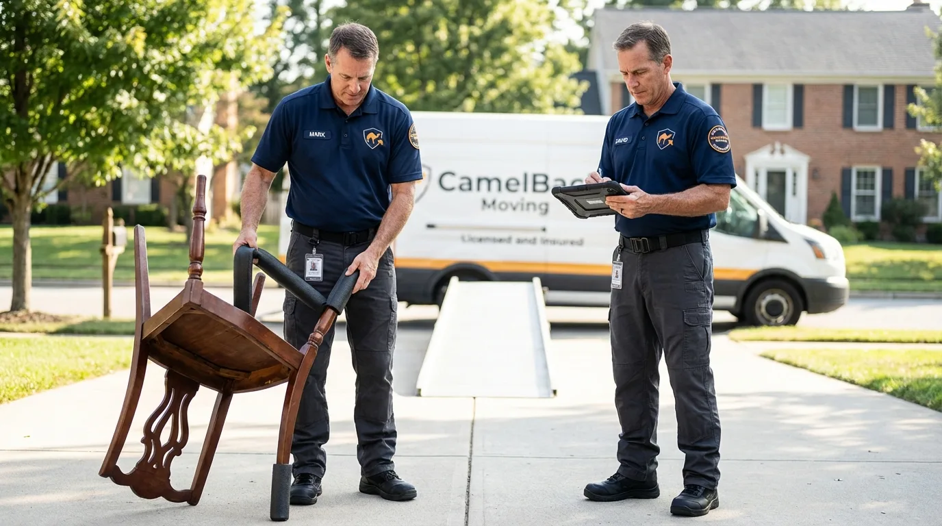 Movers inspecting furniture for damage prevention before loading in Walden, NY