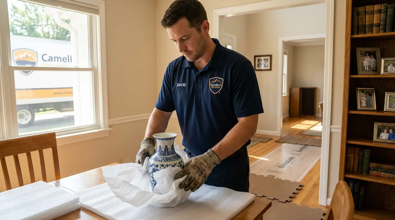 Professional crew carefully wrapping antique vase for senior downsizing move in Walden, NY